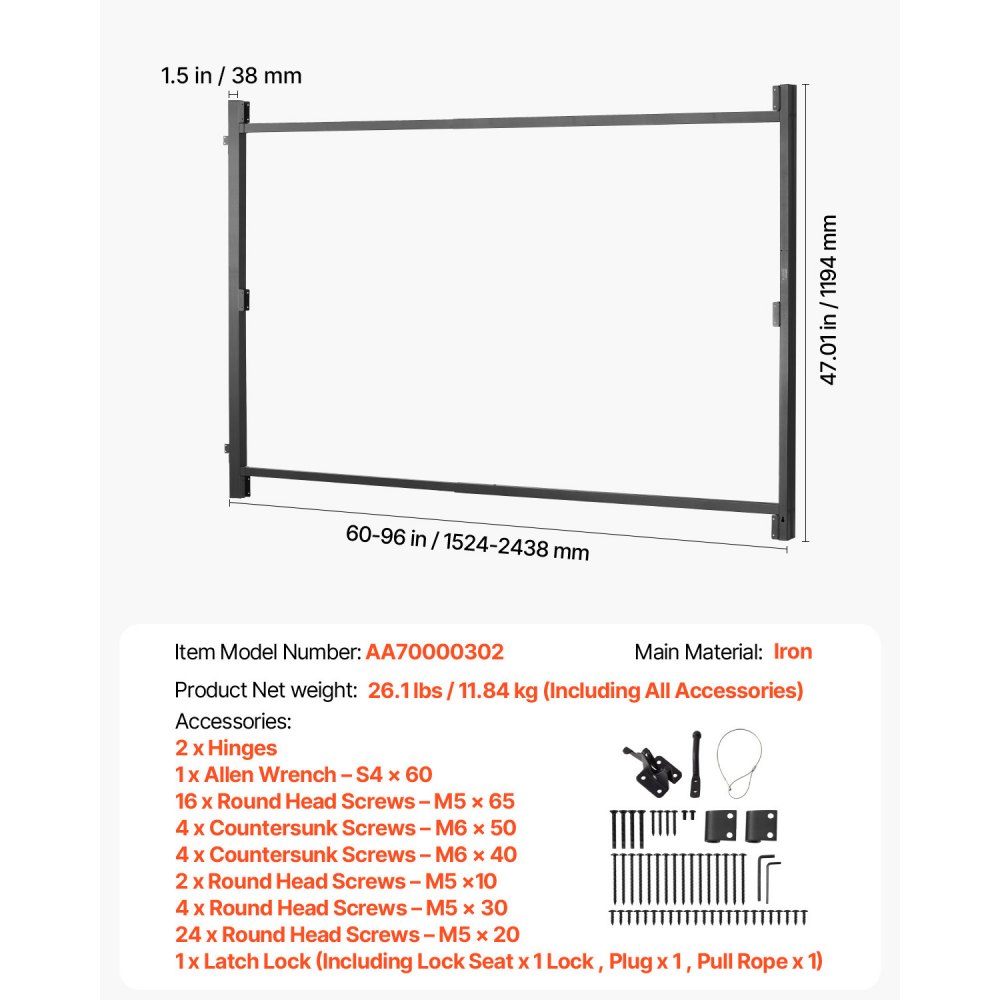 VEVOR Gate Building Kit, Fits 60 to 96 in Wide Openings, Up from 4 to 5 ft High Fence, Adjustable Gate Building Kit, Anti Sag Full Gate Frame Kit with Latch Lock and Screws, for Wooden Fence, Iron