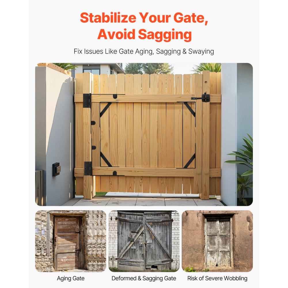 VEVOR Gate Corner Brace Bracket, 2 Sets, Anti Sag Gate Frame Hardware Kit, Gate Frame Brace Bracket with Latch Lock, Screws, for Shed Doors, Corral Gates, Driveway Gates, Wood Windows, Iron, Black