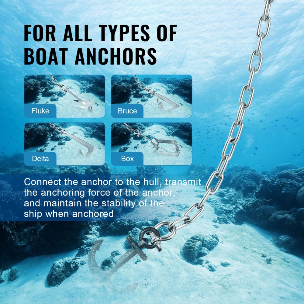VEVOR Boat Anchor Chain, 5/16" x 6', 2373 lbs. WLL/7120 lbs. BS, 316 Stainless Steel Marine Grade Anchor Lead Chain with Dual Lock Ring Shackles for Boats, Deck, Fishing, Works with Different Anchors