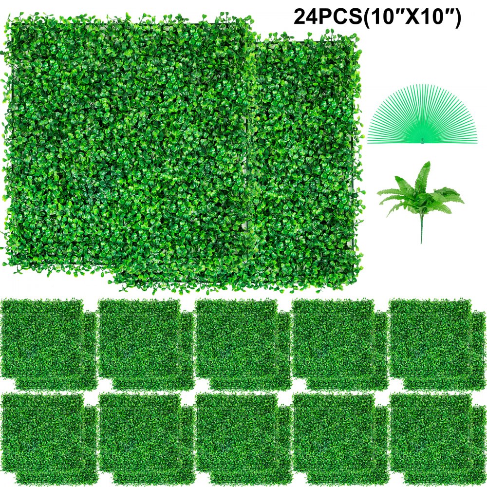 VEVOR Artificial Boxwood Panel UV 24pcs Boxwood Hedge Wall Panels Artificial Grass Backdrop Wall 10\" X 10\" 4 cm Green Grass Wall, Fake Hedge for Decor Privacy Fence Indoor, Outdoor Garden Backyard