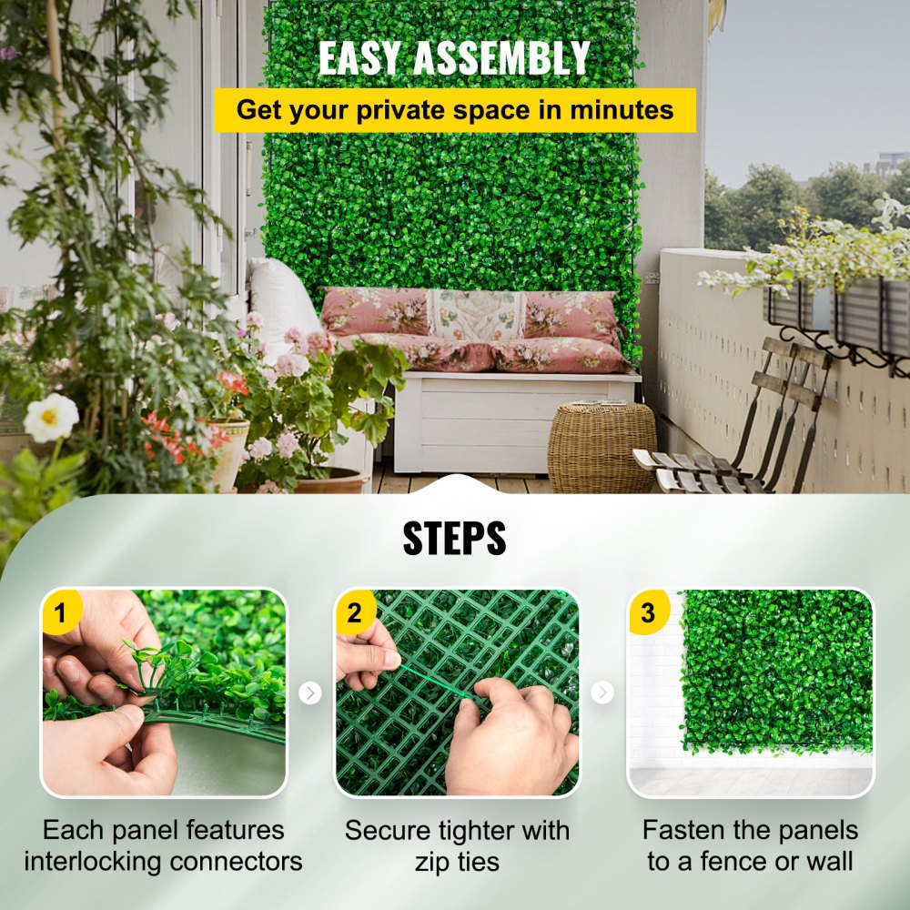 VEVOR Artificial Boxwood Panel UV 48pcs Boxwood Hedge Wall Panels Artificial Grass Backdrop Wall 10X10\" 4cm Green Grass Wall Fake Hedge for Decor Privacy Fence Indoor Outdoor Garden Backyard