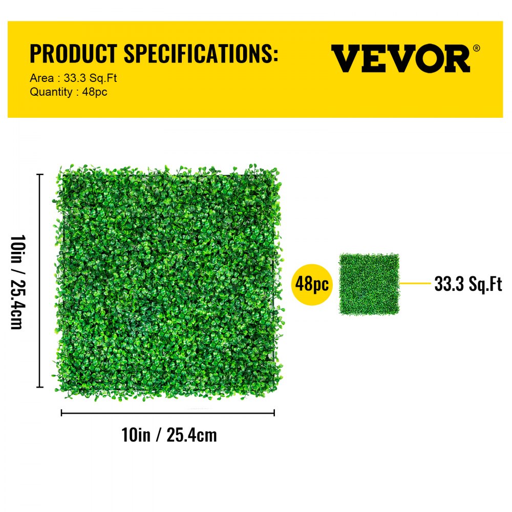 VEVOR Artificial Boxwood Panel UV 48pcs Boxwood Hedge Wall Panels Artificial Grass Backdrop Wall 10X10\" 4cm Green Grass Wall Fake Hedge for Decor Privacy Fence Indoor Outdoor Garden Backyard