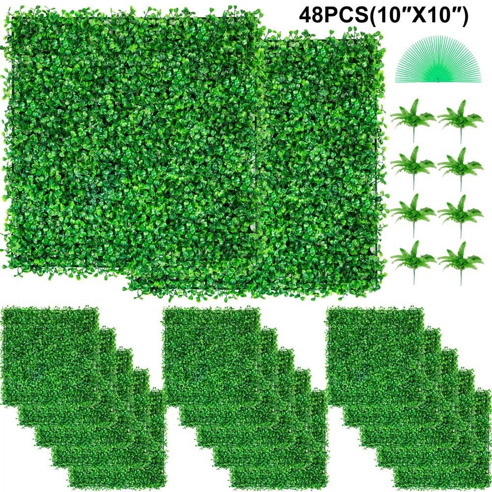 VEVOR Artificial Boxwood Panel UV 48pcs Boxwood Hedge Wall Panels Artificial Grass Backdrop Wall 10X10\" 4cm Green Grass Wall Fake Hedge for Decor Privacy Fence Indoor Outdoor Garden Backyard