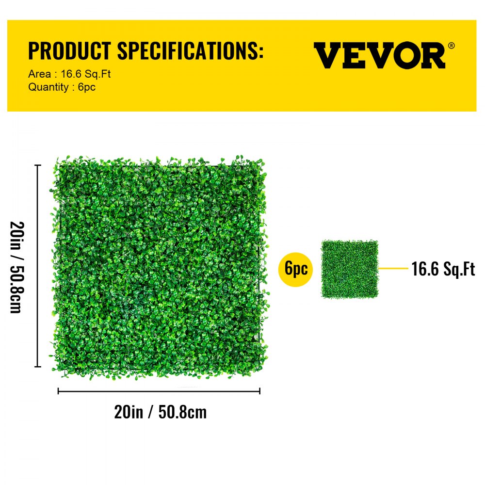 VEVOR Artificial Boxwood Panel UV 6pcs Boxwood Hedge Wall Panels, Artificial Grass Backdrop Wall 20\" X 20\" 4 cm Green Grass Wall, Fake Hedge for Decor Privacy Fence Indoor, Outdoor Garden Backyard