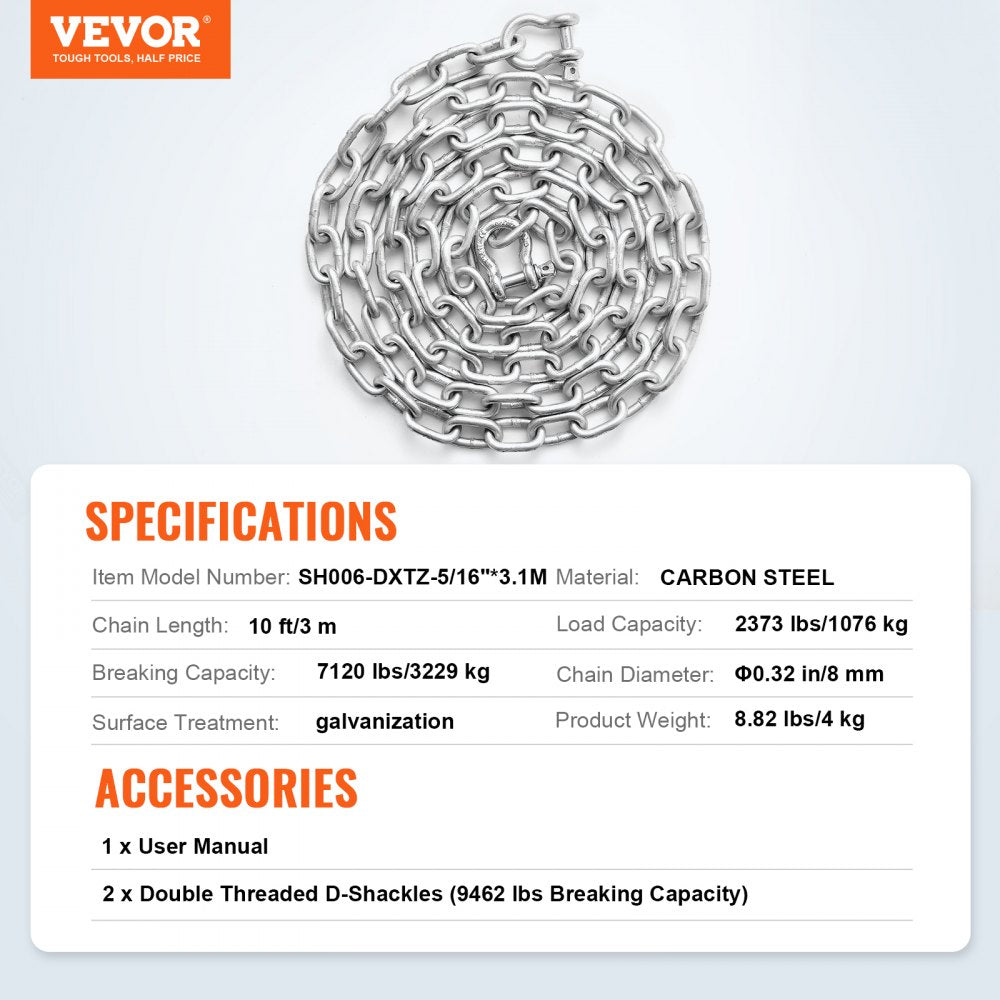 VEVOR Boat Anchor Chain, 5/16" x 10', 2373 lbs. WLL/7120 lbs. BS, Galvanized Steel Marine Grade Anchor Lead Chain with Dual Lock Ring Shackles for Boats, Deck, Fishing, Works with Different Anchors