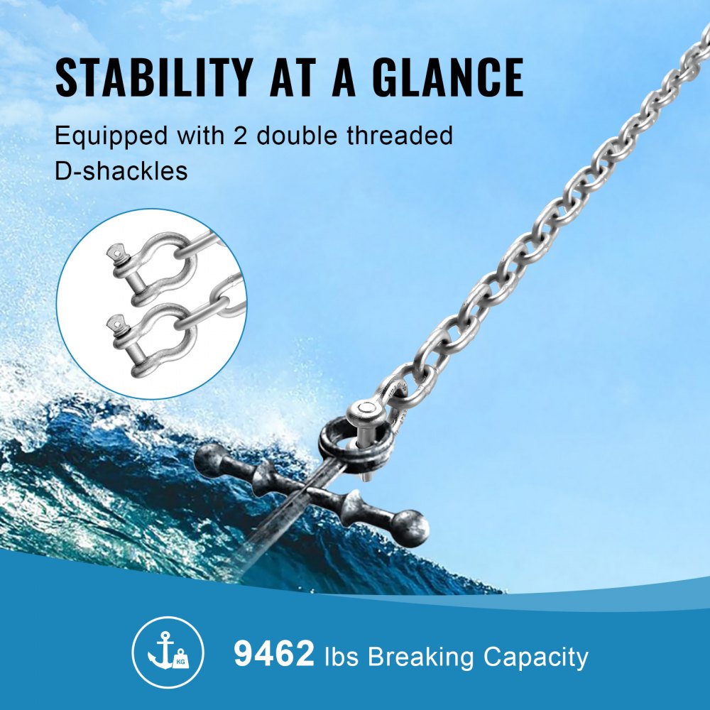 VEVOR Boat Anchor Chain, 5/16" x 20', 2373 lbs. WLL/7120 lbs. BS, Galvanized Steel Marine Grade Anchor Lead Chain with Dual Lock Ring Shackles for Boats, Deck, Fishing, Works with Different Anchors