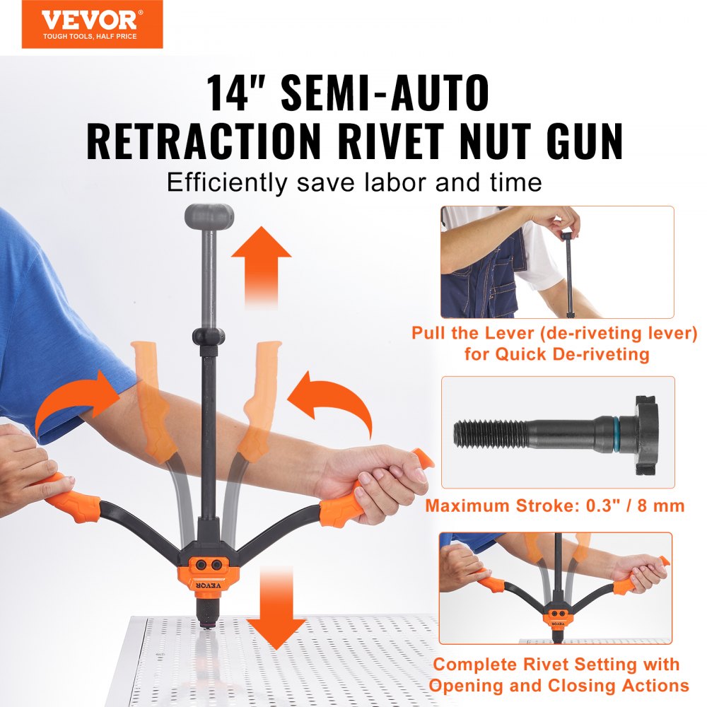 VEVOR Rivet Nut Tool, 14 in Rivnut Tool Kit with 7 PCS Metric and SAE Mandrels, 70 PCS Assorted Rivet Nuts, 10-24, 1/4-20, M6, 5/16-18, M8, 3/8-16, M10, With Rugged Carrying Case, for DIY, Repairs