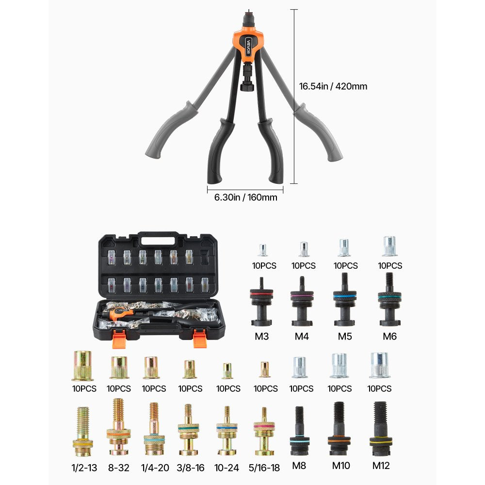 VEVOR Rivet Nut Tool Kit, 17-Inch Rivnut Tool Kit, with 13 Mandrels and 130 Nuts, Metric and SAE Size M3, M4, M5, M6, M8, M10, M12, 1/2-13, 8-32, 10-24, 1/4-20, 5/16-18, 3/8-16 UNC, a Carrying Case
