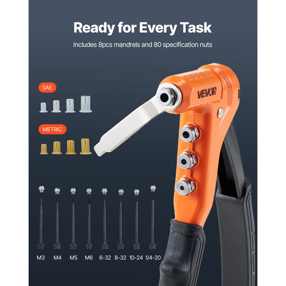 VEVOR Rivet Nut Tool Kit, 9-Inch One-Handed Rivnut Tool Kit, with 8 Mandrels, a Step Drill Bit and 80 Nuts, Metric and SAE Size M3, M4, M5, M6, 6-32, 8-32, 10-24, 1/4-20 UNC, with a Carrying Case
