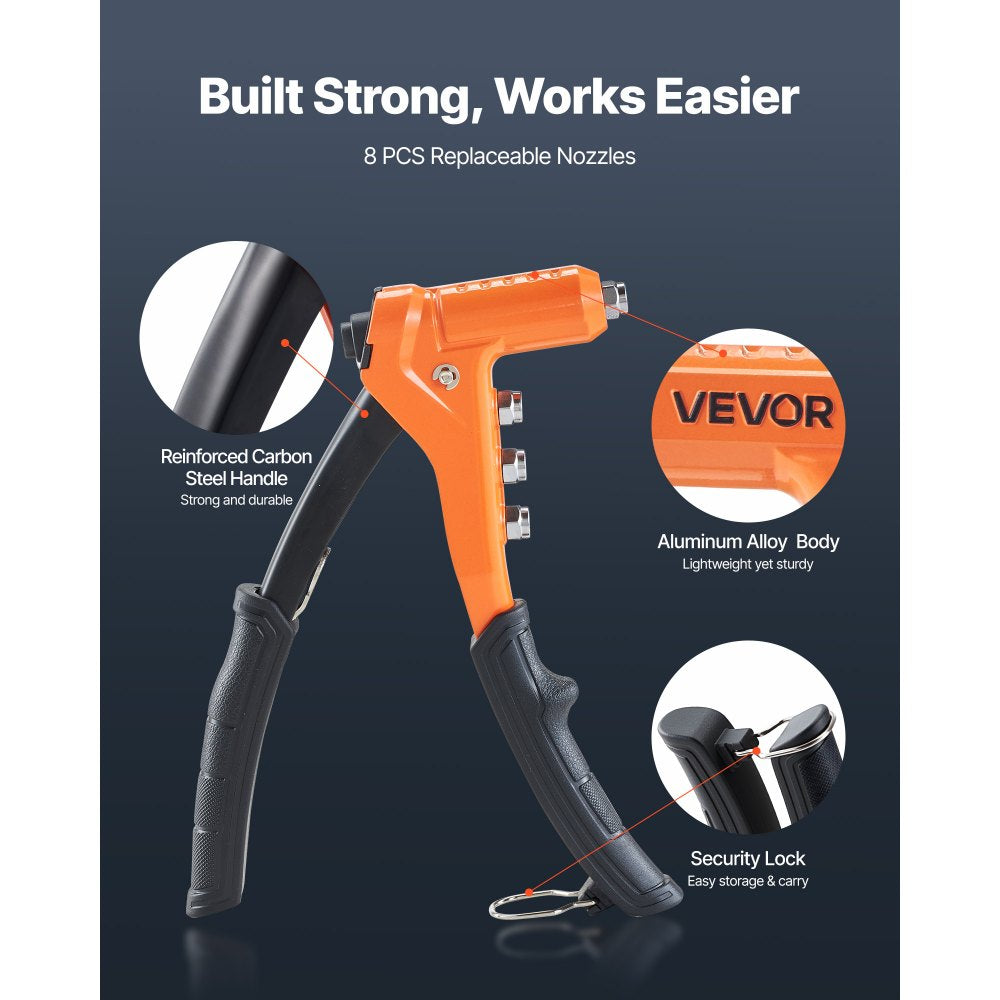 VEVOR Rivet Nut Tool Kit, 9-Inch One-Handed Rivnut Tool Kit, with 8 Mandrels, a Step Drill Bit and 80 Nuts, Metric and SAE Size M3, M4, M5, M6, 6-32, 8-32, 10-24, 1/4-20 UNC, with a Carrying Case