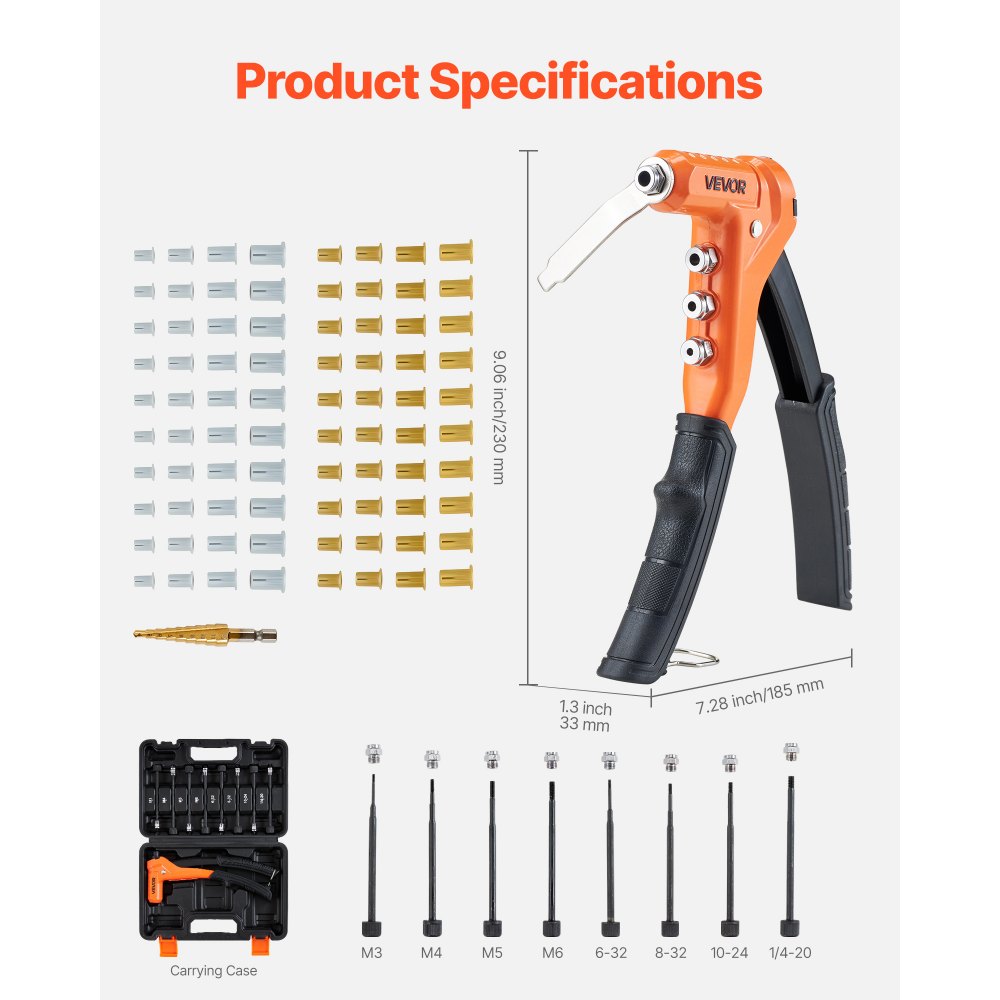VEVOR Rivet Nut Tool Kit, 9-Inch One-Handed Rivnut Tool Kit, with 8 Mandrels, a Step Drill Bit and 80 Nuts, Metric and SAE Size M3, M4, M5, M6, 6-32, 8-32, 10-24, 1/4-20 UNC, with a Carrying Case