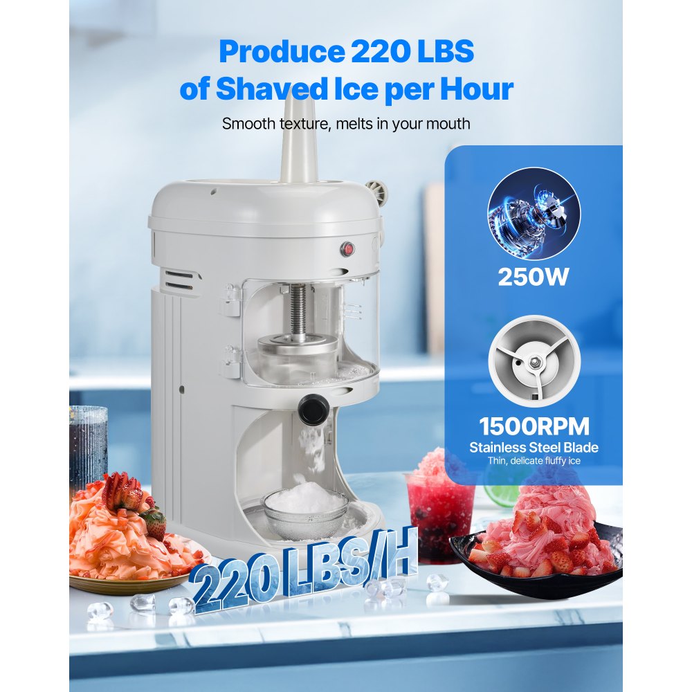 VEVOR Commercial Ice Shaver Crusher, 220lbs/hr Electric Fluffy Ice & Snow Cone Machine, 250W 1500RPM Tabletop Fluffy Shaved-Ice Machine for Parties Events Snack Bar, Home and Commercial Use (White)