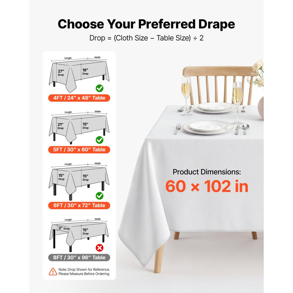 VEVOR Rectangular Tablecloths, 60 x 102 in 10 Pack, White Polyester Covers, for Party Wedding Banquet Festival, Washable, Reusable Table Cloth with Brushed Fabric, Neat Hems, Smooth Drape