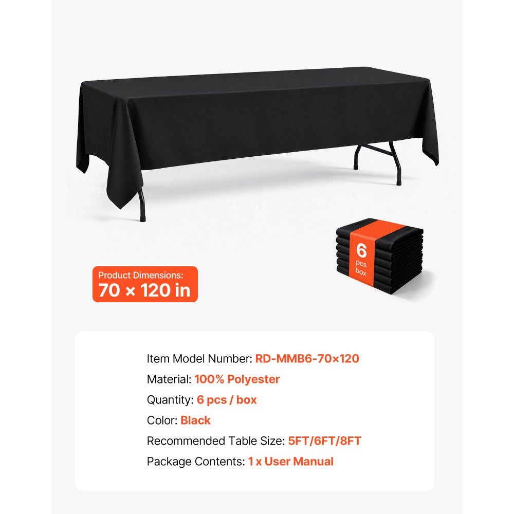 VEVOR Rectangular Tablecloths, 70 x 120 in 6 Pack, Black Polyester Covers, for Party Wedding Banquet Festival, Washable, Reusable Table Cloth with Brushed Fabric, Neat Hems, Smooth Drape