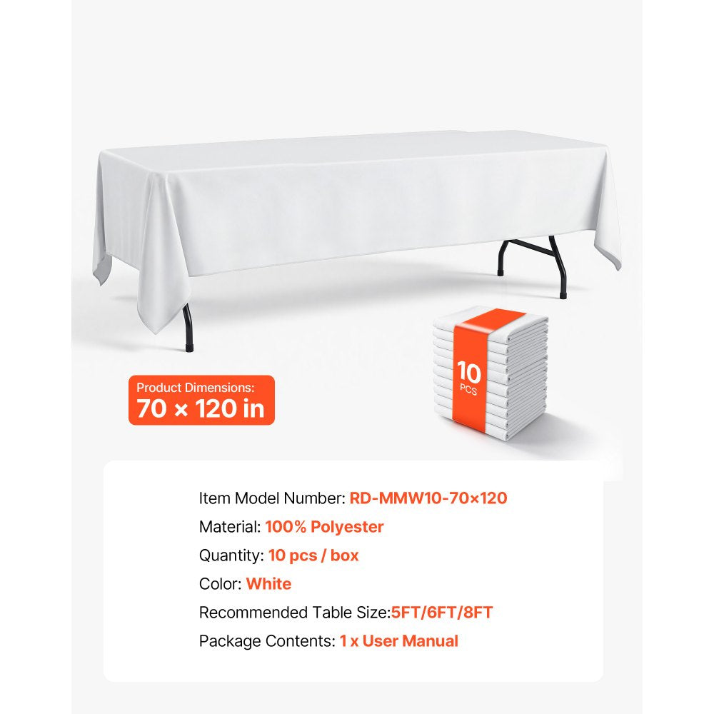 VEVOR Rectangular Tablecloths, 70 x 120 in 10 Pack, White Polyester Covers, for Party Wedding Banquet Festival, Washable, Reusable Table Cloth with Brushed Fabric, Neat Hems, Smooth Drape