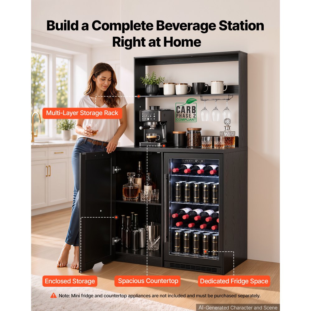 VEVOR Coffee Bar Cabinet with Mini Fridge Space, 69"H, Storage & Outlet, for Home, Kitchen, Living Room, Liquor Wine Cabinets, Beverage Station with Door, 2 Adjustable Shelves, Multi-Tier Storage
