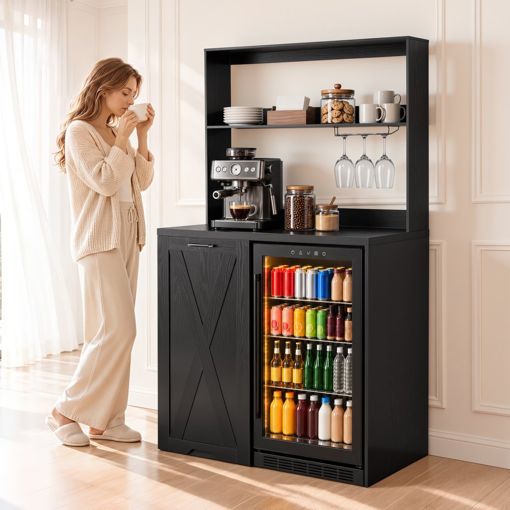 VEVOR Coffee Bar Cabinet with Mini Fridge Space, 69"H, Storage & Outlet, for Home, Kitchen, Living Room, Liquor Wine Cabinets, Beverage Station with Door, 2 Adjustable Shelves, Multi-Tier Storage