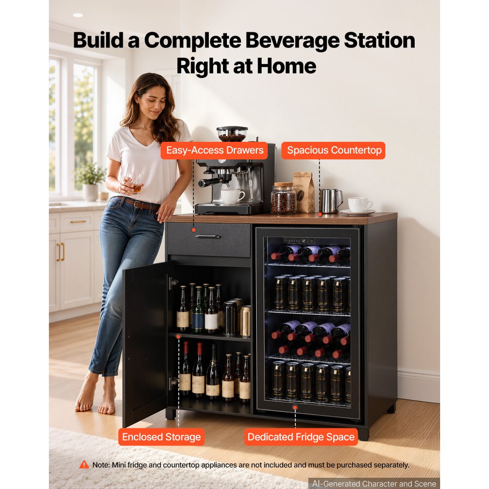 VEVOR Coffee Bar Cabinet with Mini Fridge Space, 39"W, Storage & Outlet, for Home, Kitchen, Living Room, Liquor Wine Beverage Station with Drawer, Door, Adjustable Shelf and Spacious Countertop
