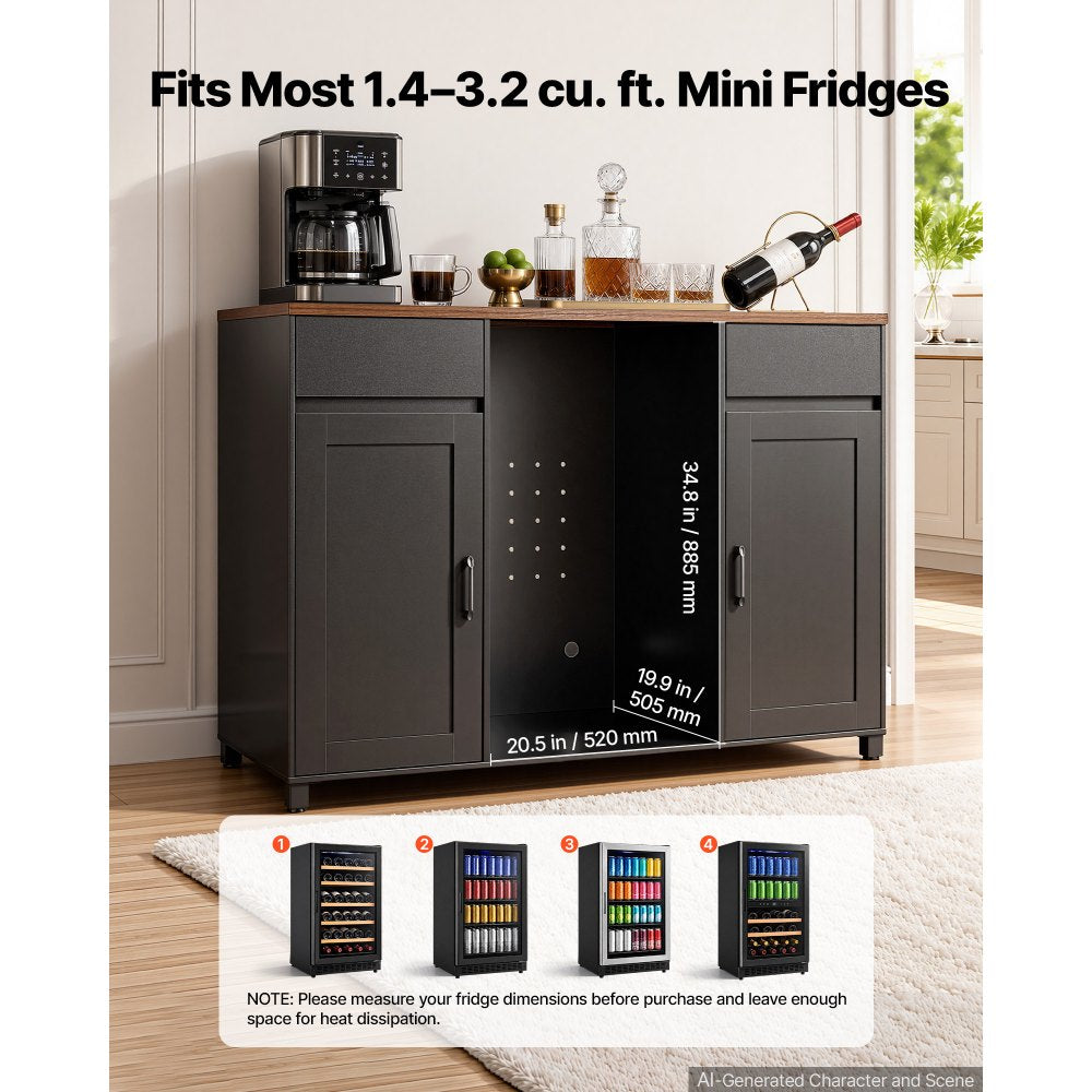 VEVOR Coffee Bar Cabinet with Mini Fridge Space, 53"W, Storage & Outlet, for Home, Kitchen, Living Room, Liquor Wine Beverage Station with 2 Drawers, 2 Doors, Adjustable Shelves, Countertop Storage