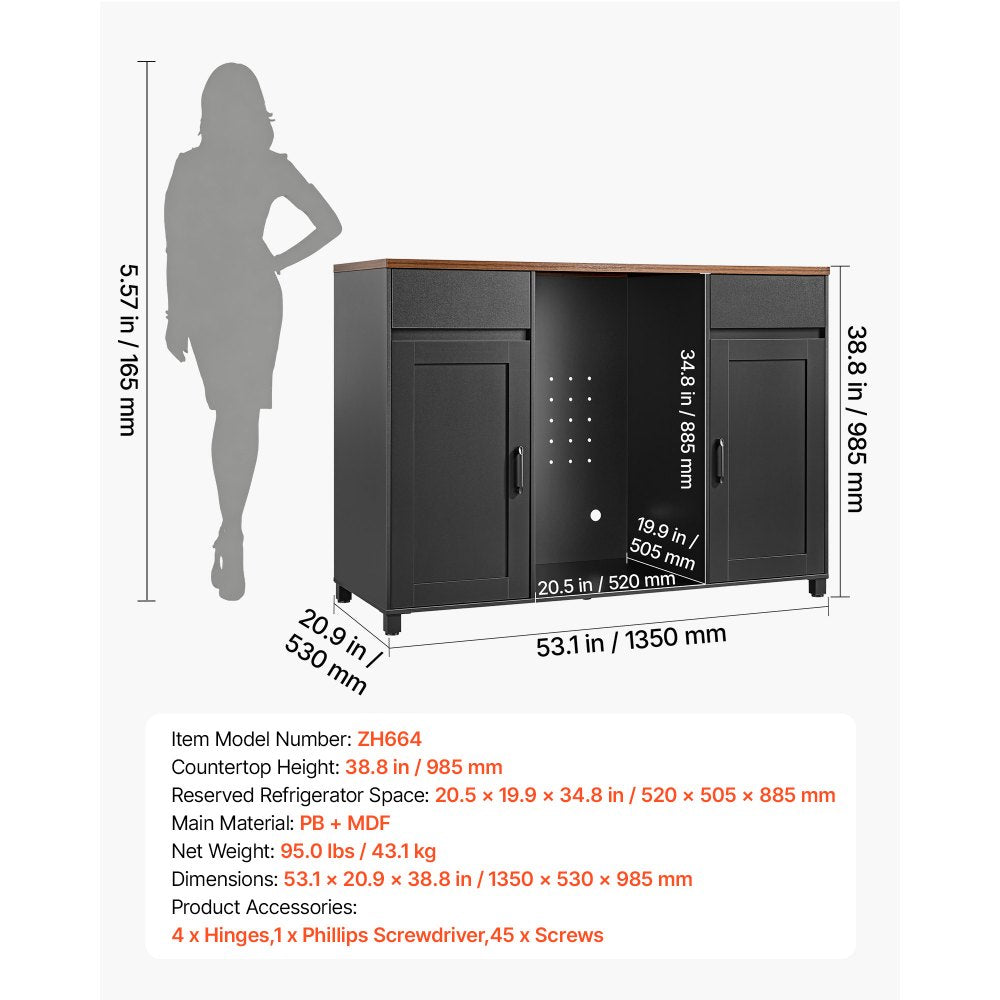 VEVOR Coffee Bar Cabinet with Mini Fridge Space, 53"W, Storage & Outlet, for Home, Kitchen, Living Room, Liquor Wine Beverage Station with 2 Drawers, 2 Doors, Adjustable Shelves, Countertop Storage