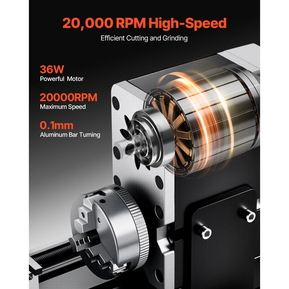 VEVOR Didactical Mini Metal Lathe Machine, 2.76 x 5.12 in, 36W Power Metal Lathe, 20,000 RPM Speed, with 3-jaw Chuck, Aluminum Alloy Handwheel, for Processing Precision Parts Soft Metals Wood Plastics
