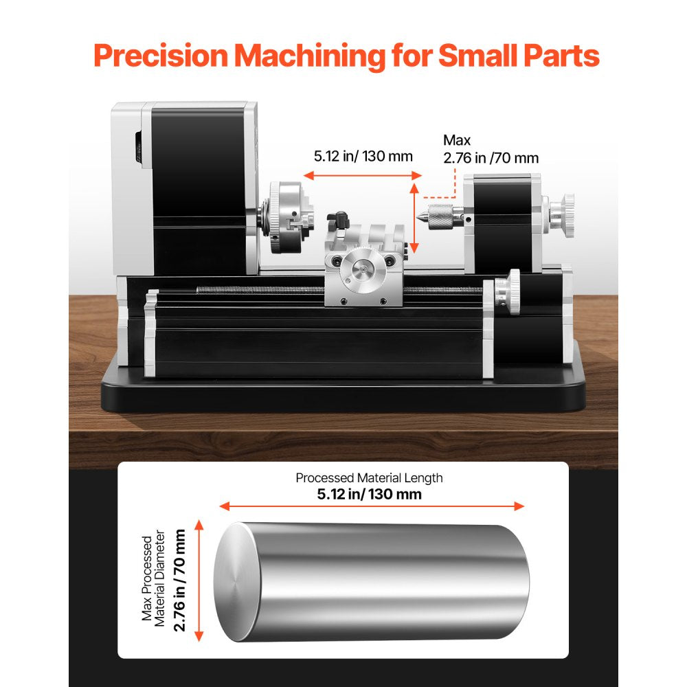 VEVOR Didactical Mini Metal Lathe Machine, 2.76 x 5.12 in, 36W Power Metal Lathe, 20,000 RPM Speed, with 3-jaw Chuck, Aluminum Alloy Handwheel, for Processing Precision Parts Soft Metals Wood Plastics