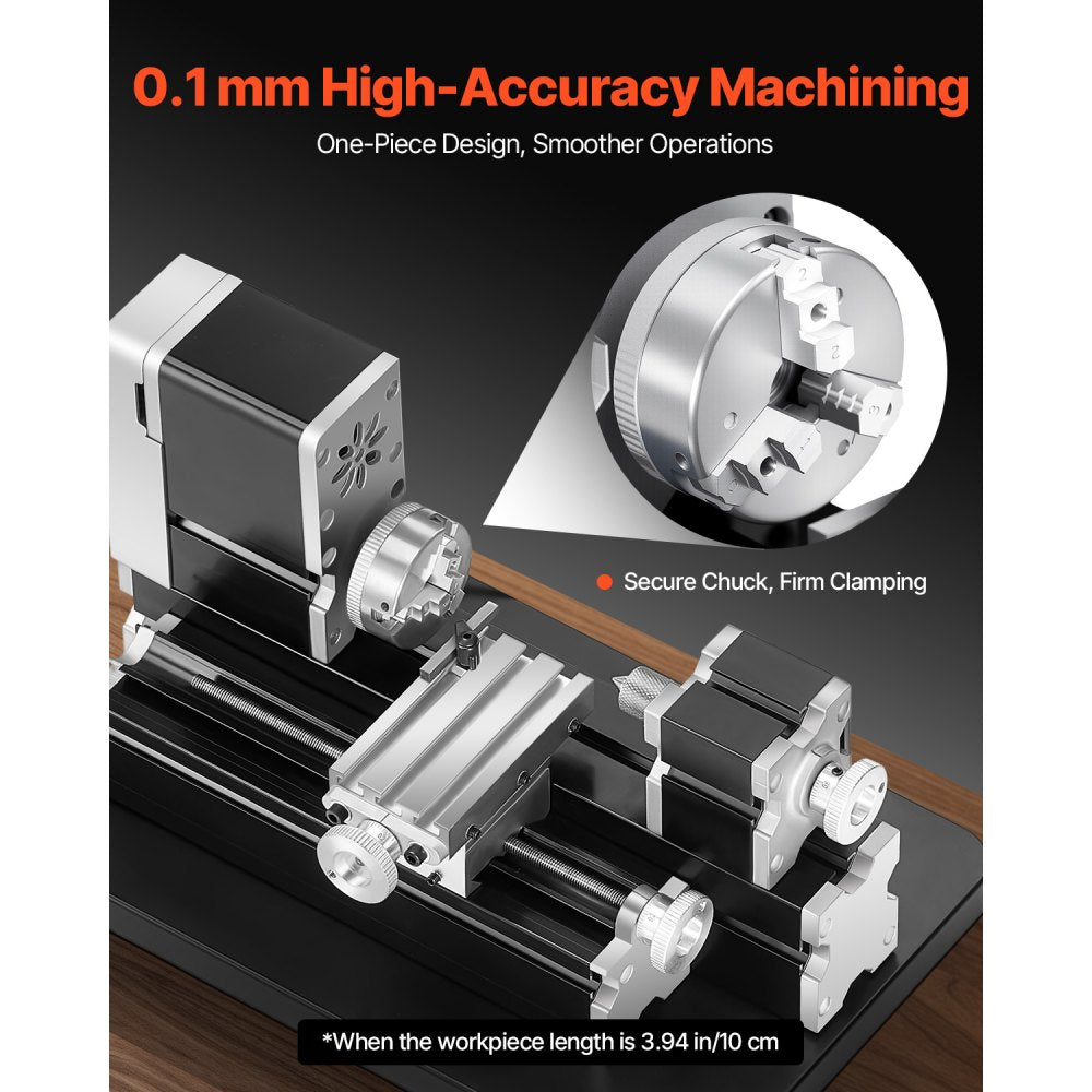 VEVOR Didactical Mini Metal Lathe Machine, 2.76 x 5.12 in, 36W Power Metal Lathe, 20,000 RPM Speed, with 3-jaw Chuck, Aluminum Alloy Handwheel, for Processing Precision Parts Soft Metals Wood Plastics