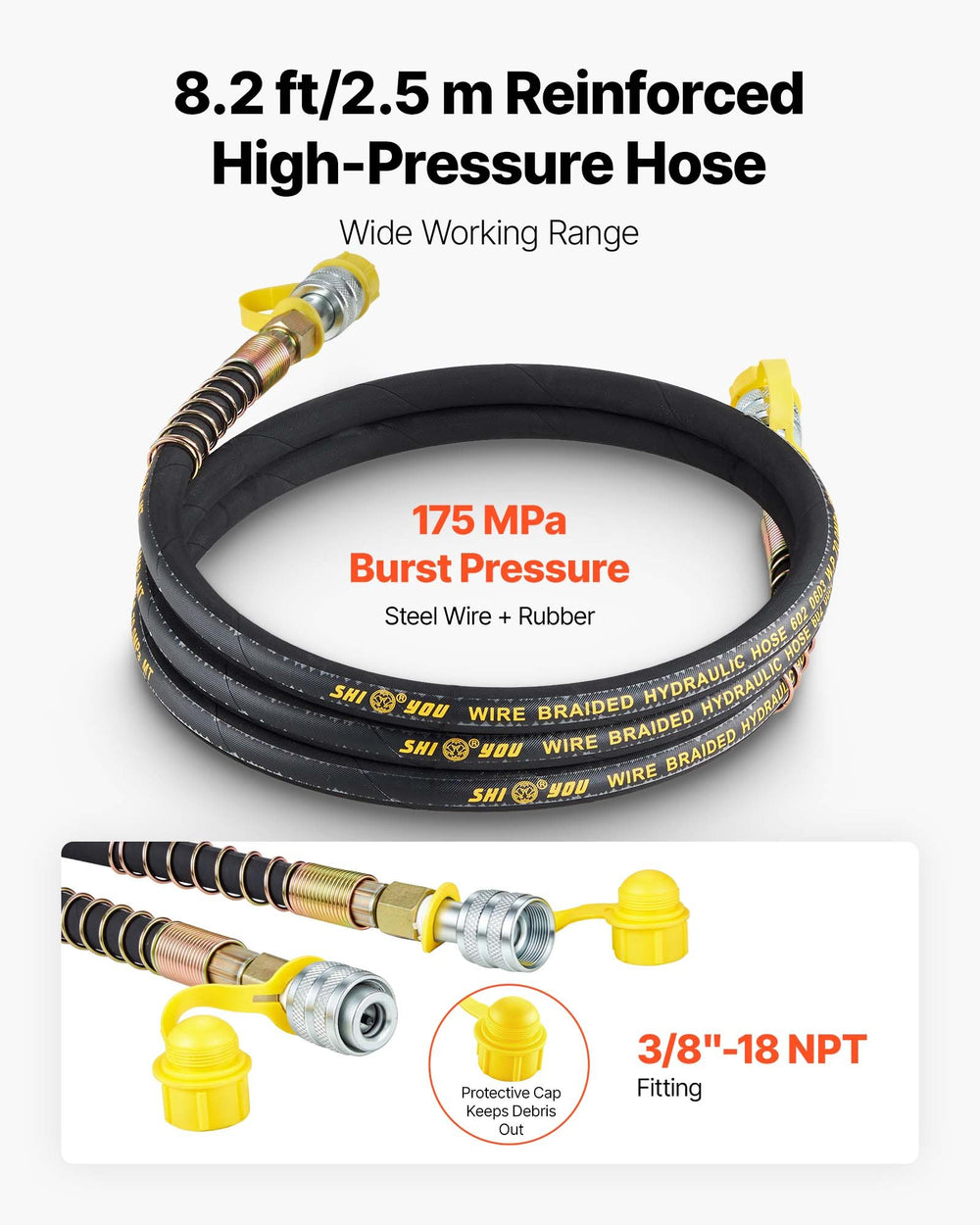 8.2 ft reinforced high-pressure hydraulic hose graphic