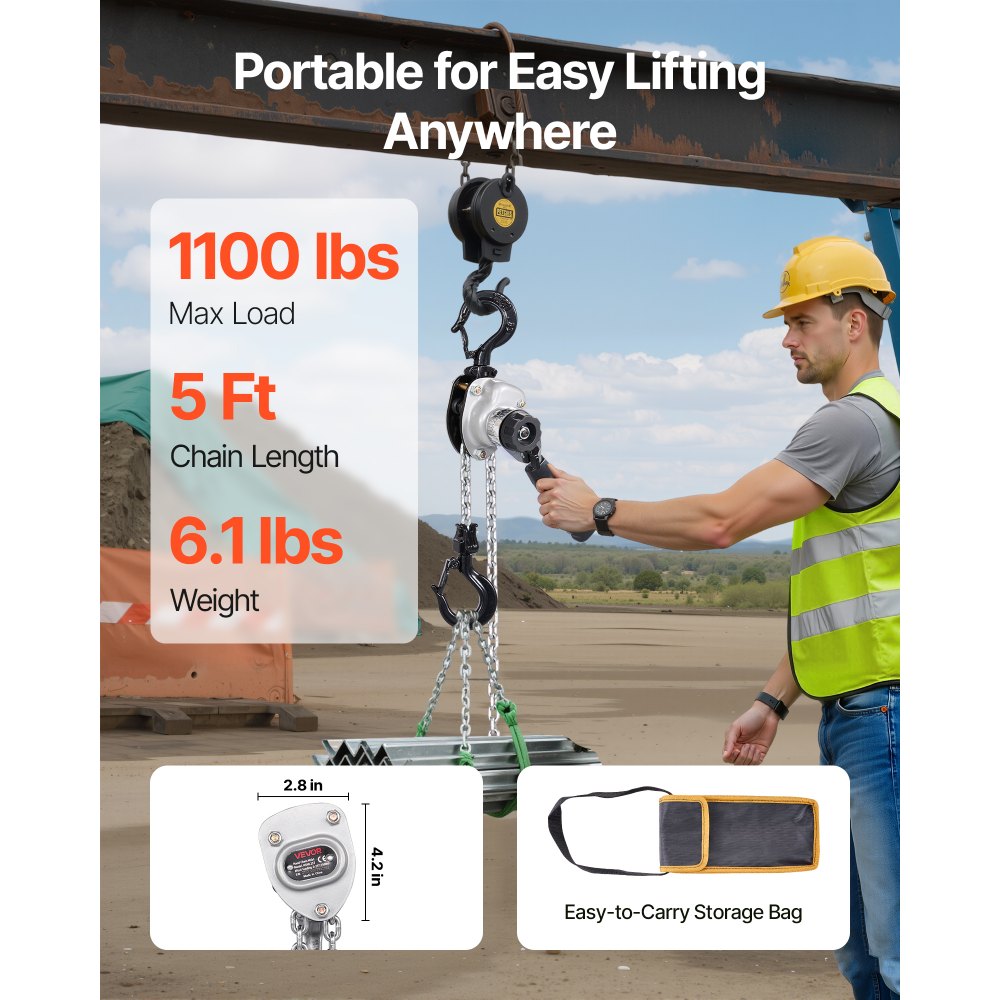 VEVOR Manual Lever Chain Hoist, 1/2T 1100LBS Capacity Heavy Duty Come Along, 5FT Lift G80 Alloy Steel Chain With Dual Pawl Mechanical Brake,360°Rotating Hooks, for Warehouse Construction Garage