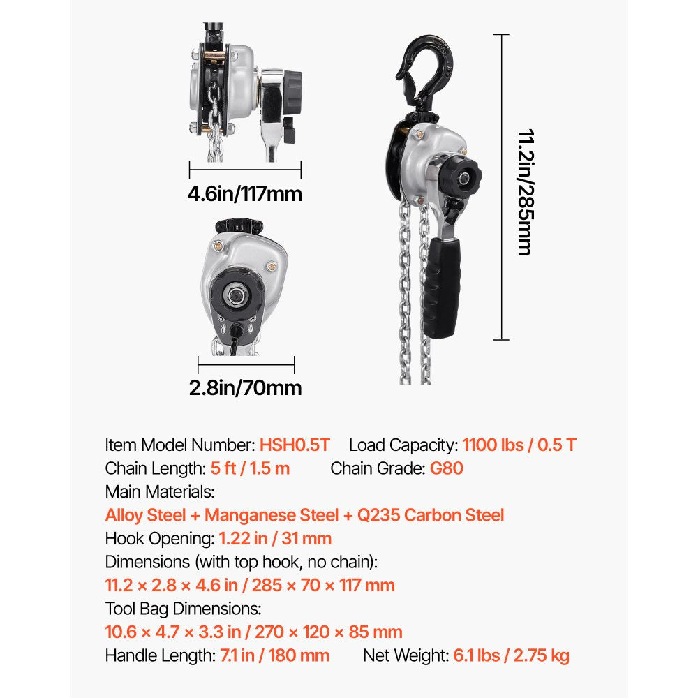 VEVOR Manual Lever Chain Hoist, 1/2T 1100LBS Capacity Heavy Duty Come Along, 5FT Lift G80 Alloy Steel Chain With Dual Pawl Mechanical Brake,360°Rotating Hooks, for Warehouse Construction Garage