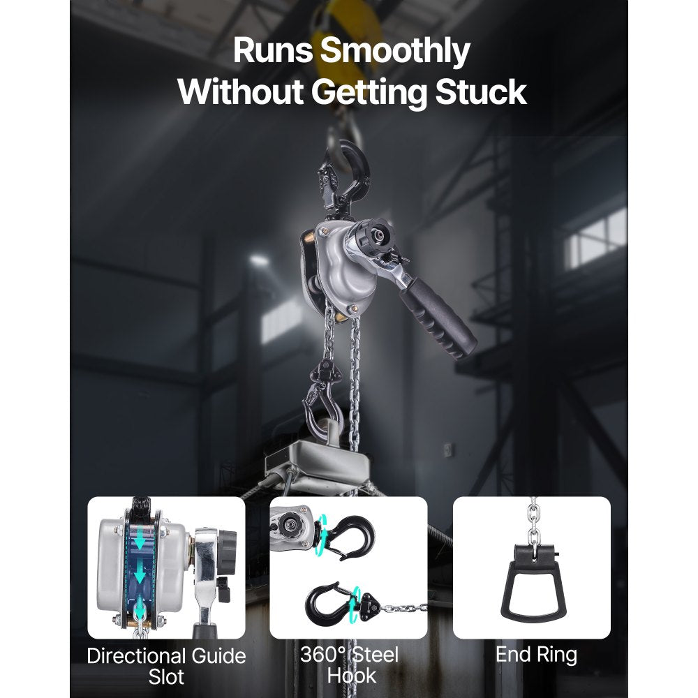 VEVOR Manual Lever Chain Hoist, 1/4T 550LBS Capacity Heavy Duty Come Along, 5FT Lift G80 Alloy Steel Chain With Dual Pawl Mechanical Brake,360°Rotating Hooks, for Warehouse Construction Garage