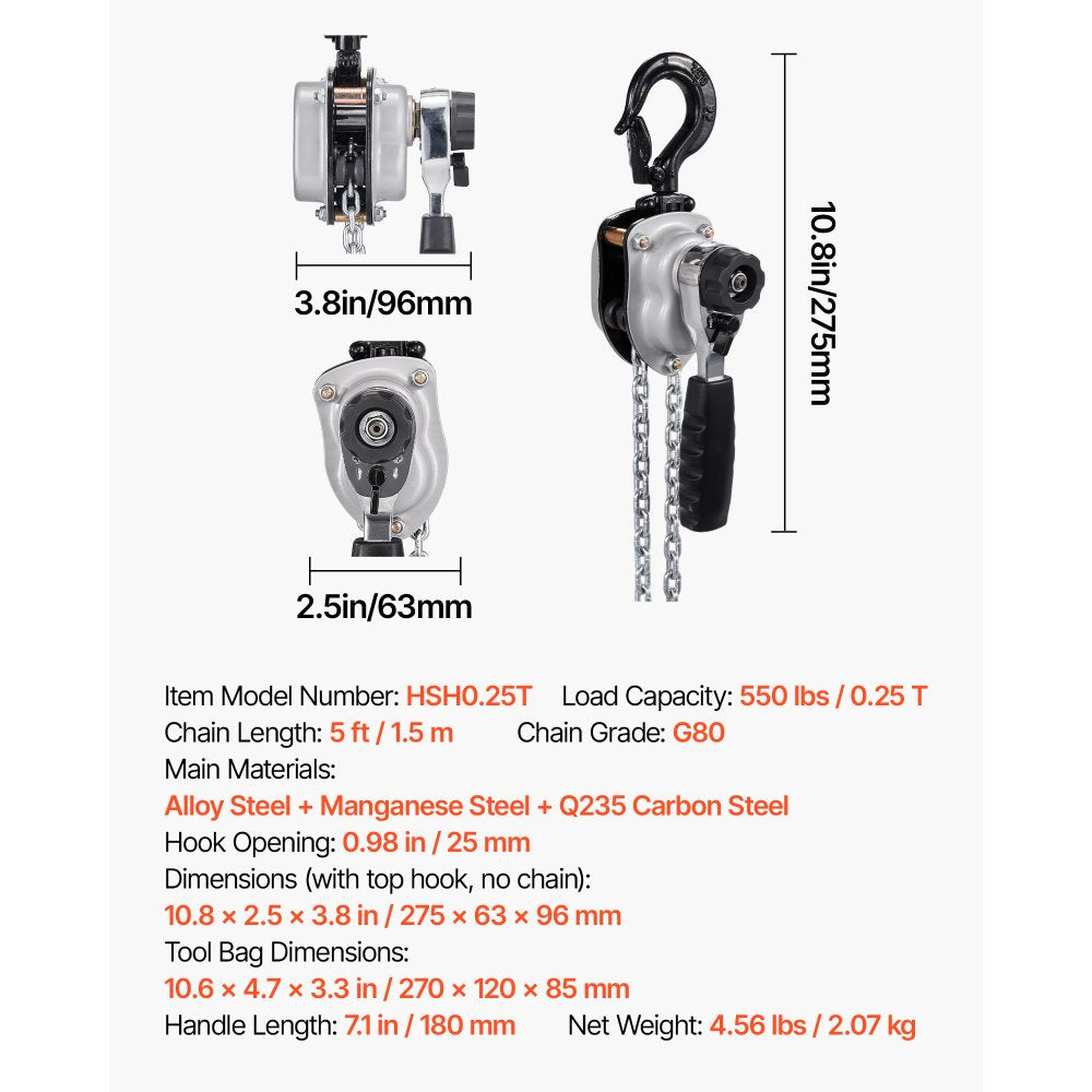 VEVOR Manual Lever Chain Hoist, 1/4T 550LBS Capacity Heavy Duty Come Along, 5FT Lift G80 Alloy Steel Chain With Dual Pawl Mechanical Brake,360°Rotating Hooks, for Warehouse Construction Garage