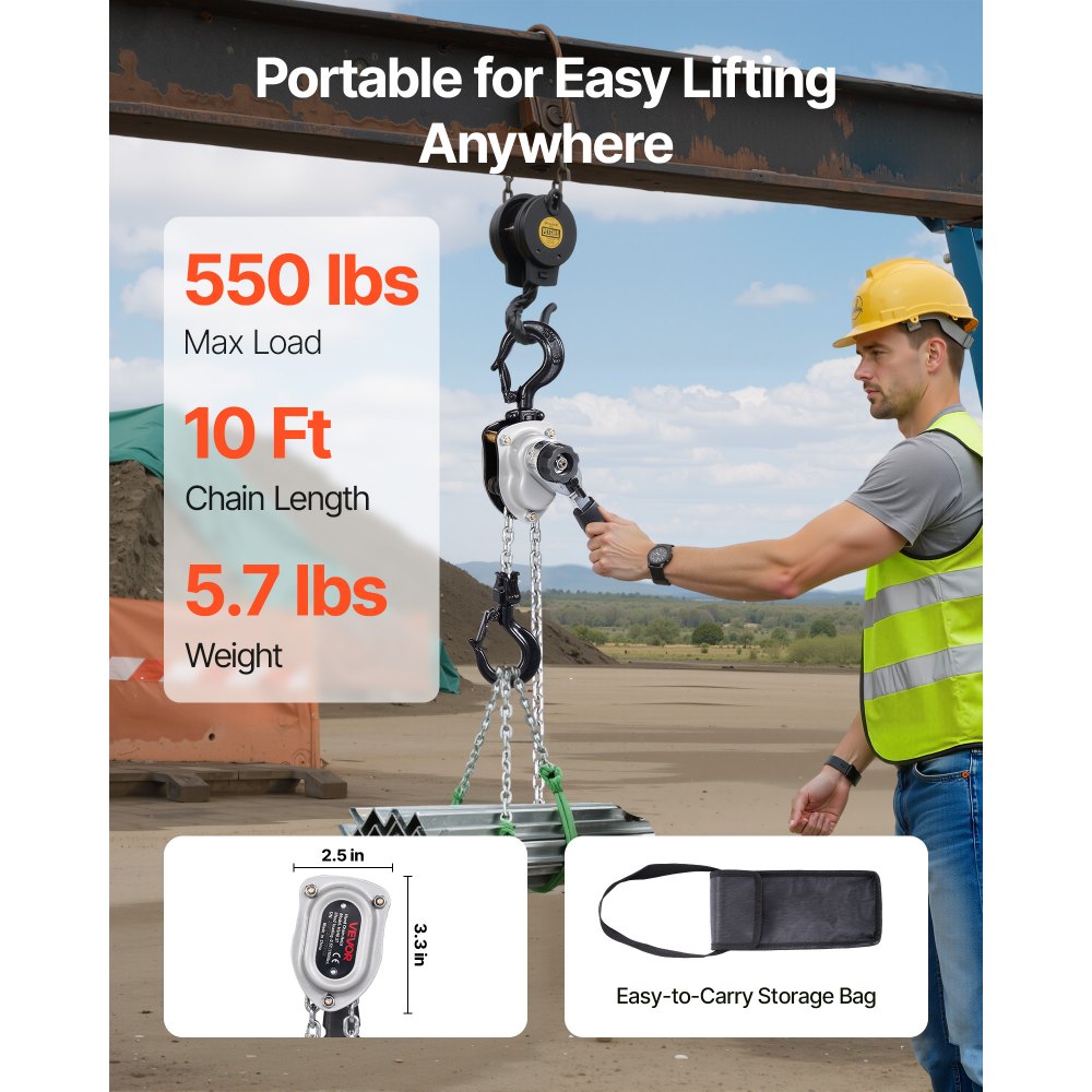 VEVOR Manual Lever Chain Hoist, 1/4T 550LBS Capacity Heavy Duty Come Along, 10FT Lift G80 Alloy Steel Chain With Dual Pawl Mechanical Brake,360°Rotating Hooks, for Warehouse Construction Garage