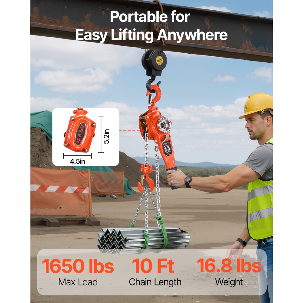 VEVOR Manual Lever Chain Hoist, 3/4T 1650LBS Capacity Heavy Duty Come Along, 10FT Lift G80 Alloy Steel Chain With Dual Pawl Mechanical Brake,360°Rotating Hooks, for Warehouse Construction Garage