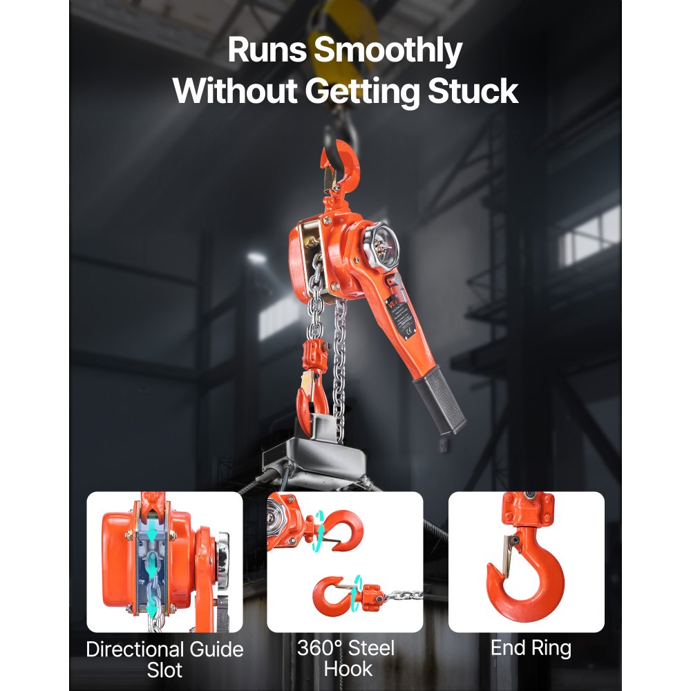 VEVOR Manual Lever Chain Hoist, 3/4T 1650LBS Capacity Heavy Duty Come Along, 10FT Lift G80 Alloy Steel Chain With Dual Pawl Mechanical Brake,360°Rotating Hooks, for Warehouse Construction Garage