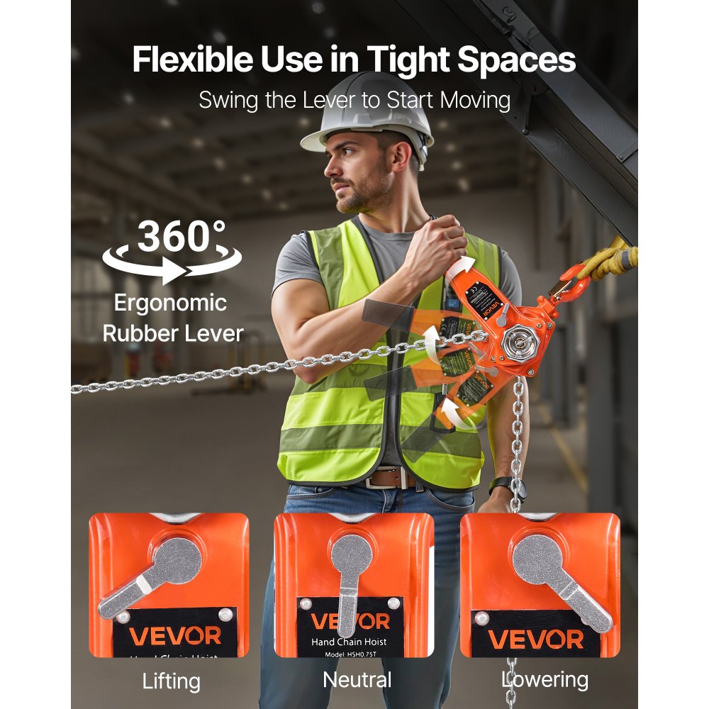 VEVOR Manual Lever Chain Hoist, 3/4T 1650LBS Capacity Heavy Duty Come Along, 5FT Lift G80 Alloy Steel Chain With Dual Pawl Mechanical Brake,360°Rotating Hooks, for Warehouse Construction Garage