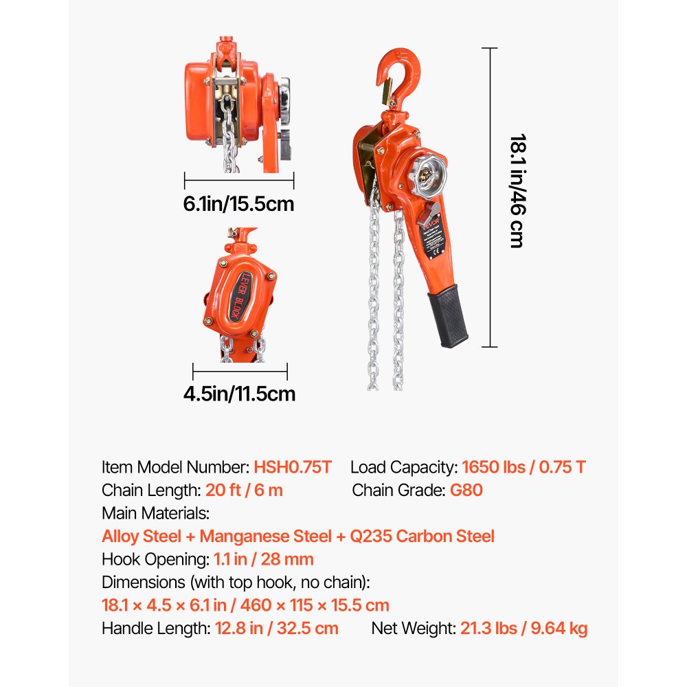 VEVOR Manual Lever Chain Hoist, 3/4T 1650LBS Capacity Heavy Duty Come Along, 20FT Lift G80 Alloy Steel Chain With Dual Pawl Mechanical Brake,360°Rotating Hooks, for Warehouse Construction Garage