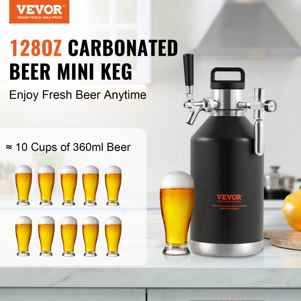 VEVOR Beer Growler Tap System, 128Oz 4L Mini Keg, 304 Stainless Steel Pressurized Beer Growler, Keg Growler with Pressure Display, CO2 Regulator Faucet, Leak-Proof Ring For Draft, Homebrew, Craft Beer