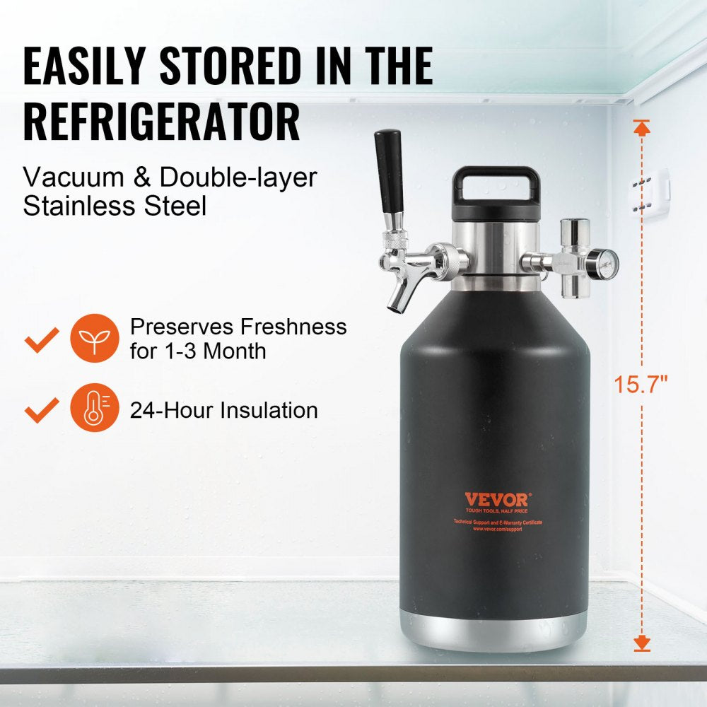 VEVOR Beer Growler Tap System, 128Oz 4L Mini Keg, 304 Stainless Steel Pressurized Beer Growler, Keg Growler with Pressure Display, CO2 Regulator Faucet, Leak-Proof Ring For Draft, Homebrew, Craft Beer