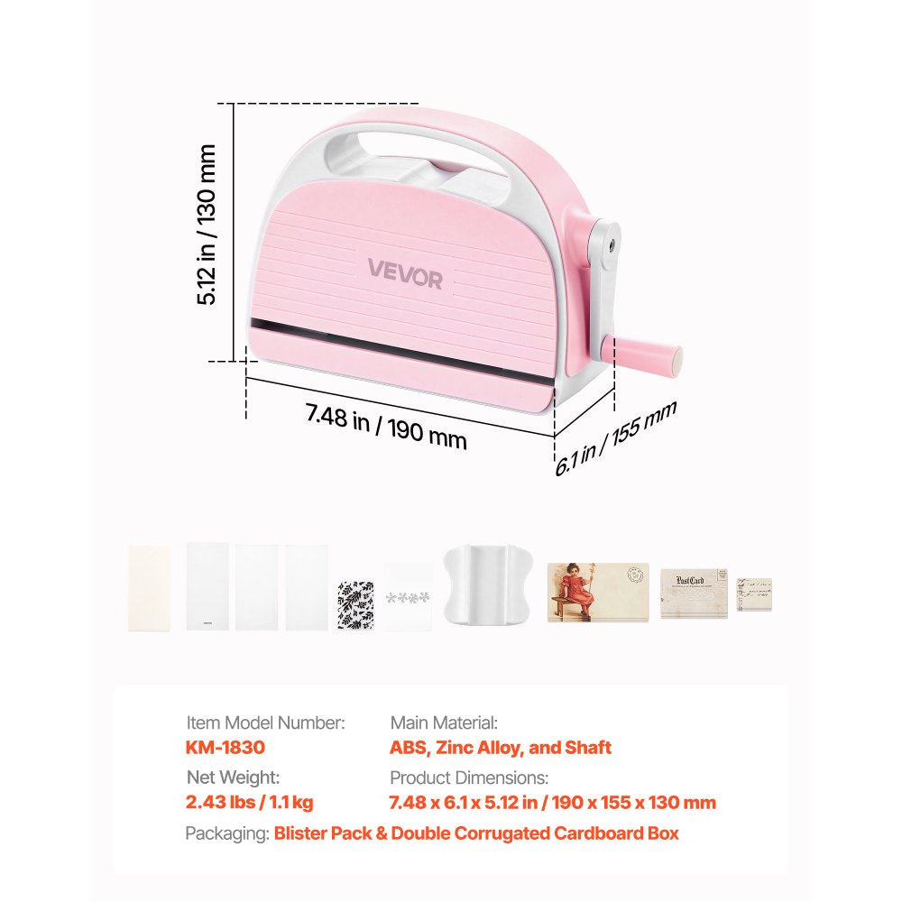 VEVOR Manual Die Cutting and Embossing Machine, 3" Opening, Portable Die Cut Machine Set with Cutting Dies, Embossing Folders, Paper Sheets, Cutting Plates, for Scrapbooking, Card Making, Crafting