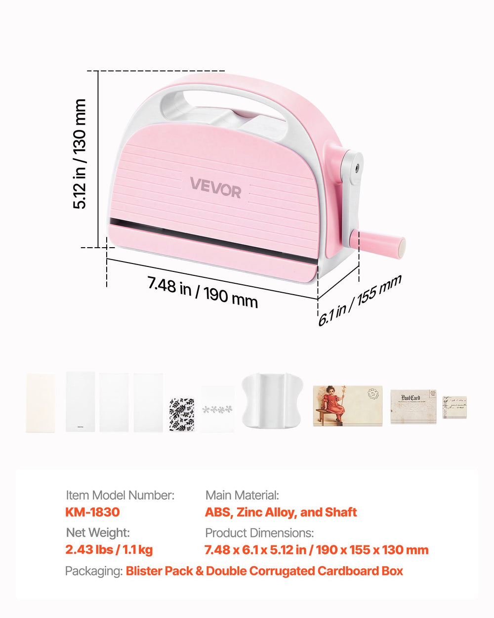 VEVOR Manual Die Cutting and Embossing Machine, 3" Opening, Portable Die Cut Machine Set with Cutting Dies, Embossing Folders, Paper Sheets, Cutting Plates, for Scrapbooking, Card Making, Crafting
