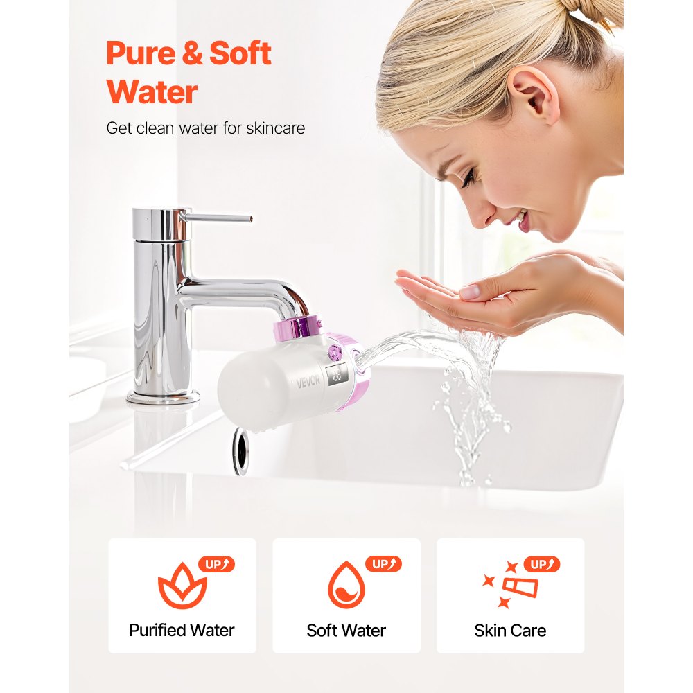 VEVOR Skincare Water Filter, Faucet Mount Water Filters with Micro-nano Bubble for Skin, Sink Tap Purifier, Removes Chlorine with 1 Filter, for Kitchen and Bathroom Faucets, Pink + Gold