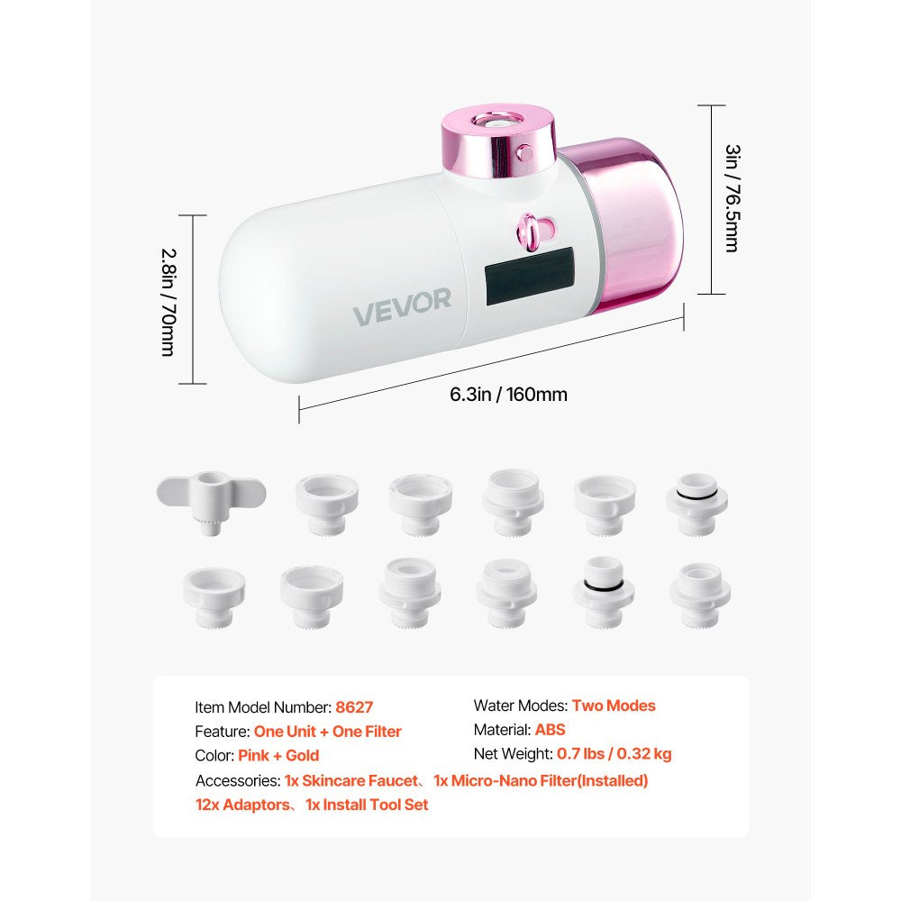 VEVOR Skincare Water Filter, Faucet Mount Water Filters with Micro-nano Bubble for Skin, Sink Tap Purifier, Removes Chlorine with 1 Filter, for Kitchen and Bathroom Faucets, Pink + Gold