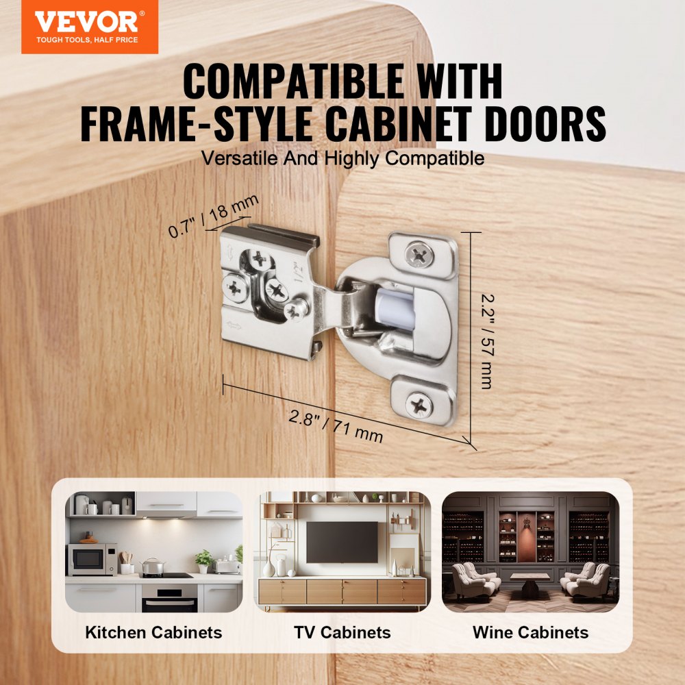 VEVOR Cabinet Hinges, 20 Packs Partial Overlay Kitchen Cabinet Door Hinges, 105 Degree Opening Angel Soft Close Concealed Cupboard Hinges for Framed Cabinet Type, with Mounting Screws
