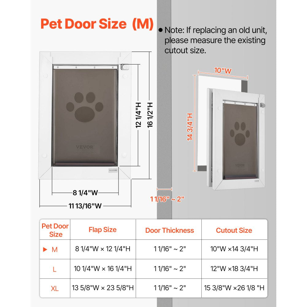 VEVOR Pet Door, Medium, with Three Magnetic Flaps and Metal Frame, Strong and Weatherproof Dog Door for Interior and Exterior Doors, Easy to Install, Easy In-and-Out Access for Doggies, White