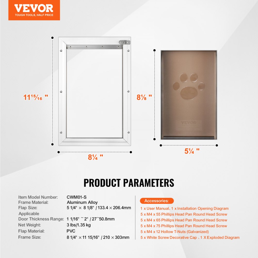 VEVOR Pet Door, 8.27" x 11.93" Aluminum Frame with Lock and Flap System, Weatherproof Doggy Door, Easy to Install in Interior or Exterior Doors, Pet Door Suitable for Cat Doggie Kitties (White-Small)