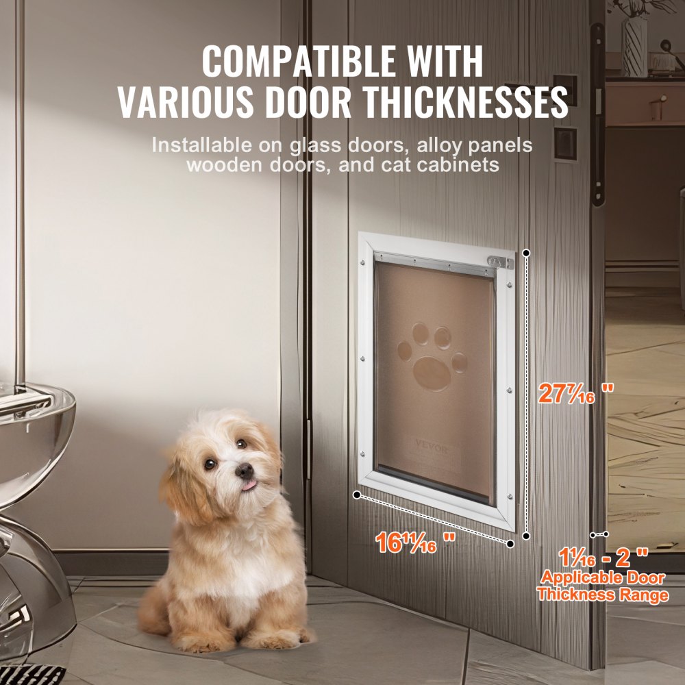 VEVOR Pet Door, 16.65" x 27.44" Aluminum Frame with Lock and Flap System, Weatherproof Doggy Door, Easy to Install in Interior or Exterior Doors, Pet Door Suitable for Cat Doggie Kitties (White-XL)