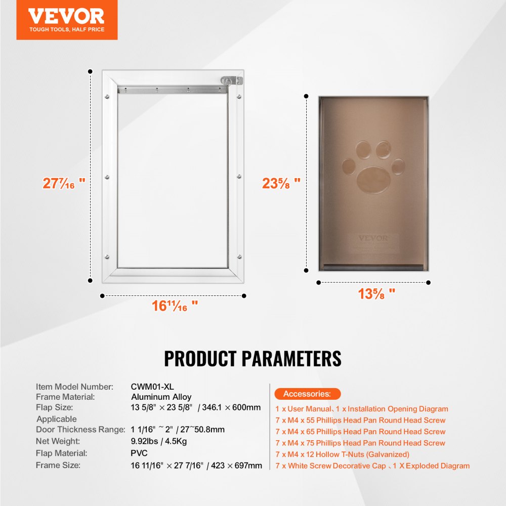 VEVOR Pet Door, 16.65" x 27.44" Aluminum Frame with Lock and Flap System, Weatherproof Doggy Door, Easy to Install in Interior or Exterior Doors, Pet Door Suitable for Cat Doggie Kitties (White-XL)