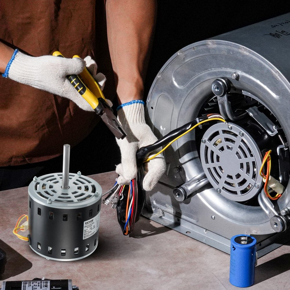 VEVOR 1/2HP Furnace Blower Motor, 208/230V 2.7Amps, 1075RPM 5 Speeds, CW/CCW Rotation, 48 Frame 3.4" Shaft Length, 7.5μF/450V Capacitor + 11" Hold Hoop