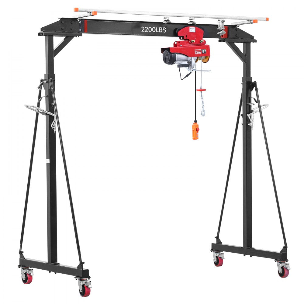 VEVOR Adjustable Gantry Crane, 2200 lbs Capacity, Portable Shop Lift Hoist with 95.7-142.9 in Height Adjustable, Manual Trolley, Electrical Hoist, Sling, Shackles, for Factory Warehouse Auto Repair